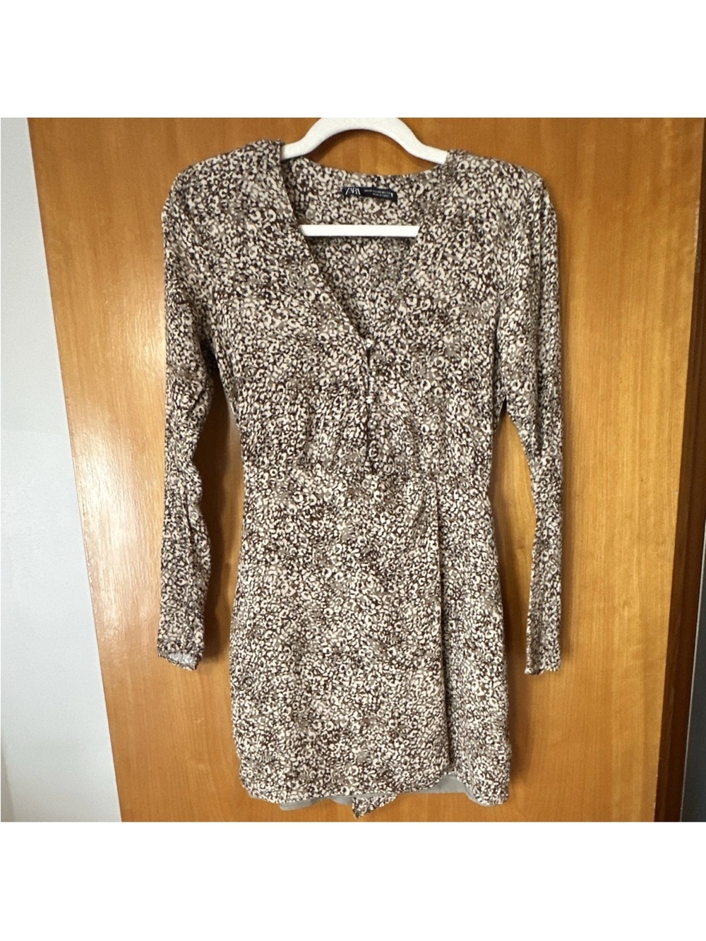 Zara Brown Beige Animal Print Chiffon V-Neck Long Sleeve Button Mini Dress XS